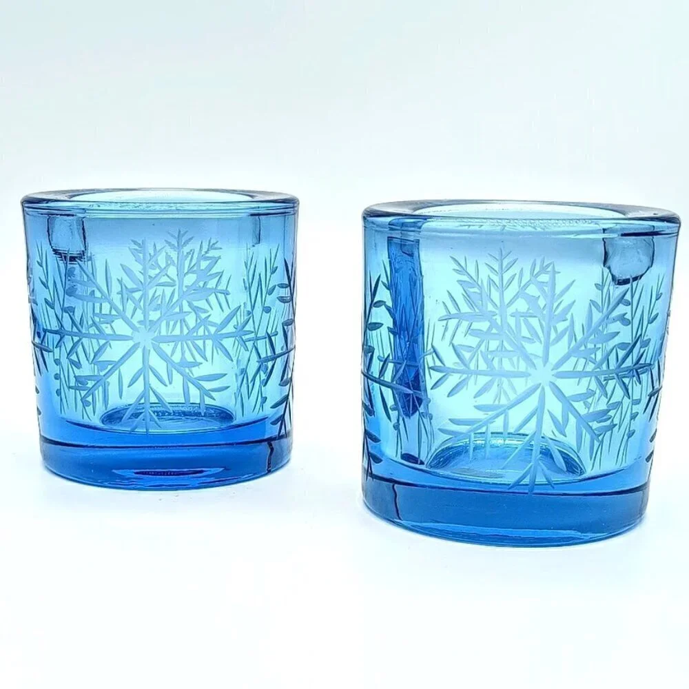 Handmade Swiss Blue Snowflake Glass Votive Candle Holders (2)